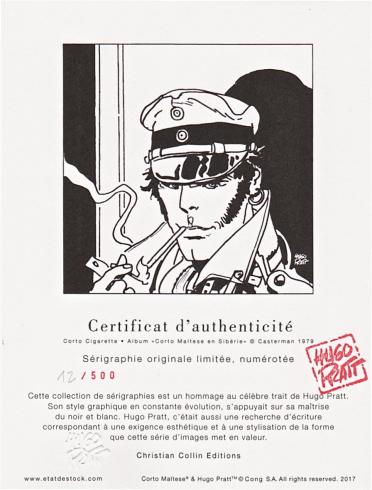 Pratt. Sérigraphie " Corto Cigarette" numérotée limitée. Album Corto en Siberie/ Casterman 1979