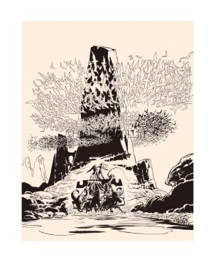 MEZIERES. Print titled "The Master's Birds," black-and-white version, signed with a ROMAIN numeral.