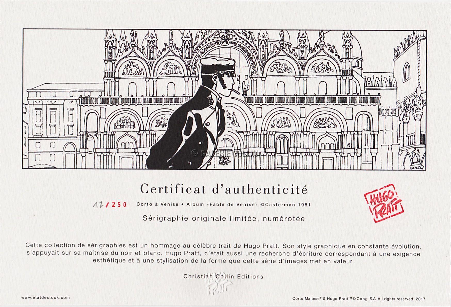 Pratt • Sérigraphie "Corto à Venise" numérotée et limitée. Album Fable de venise / Casterman 1981 – Image 2